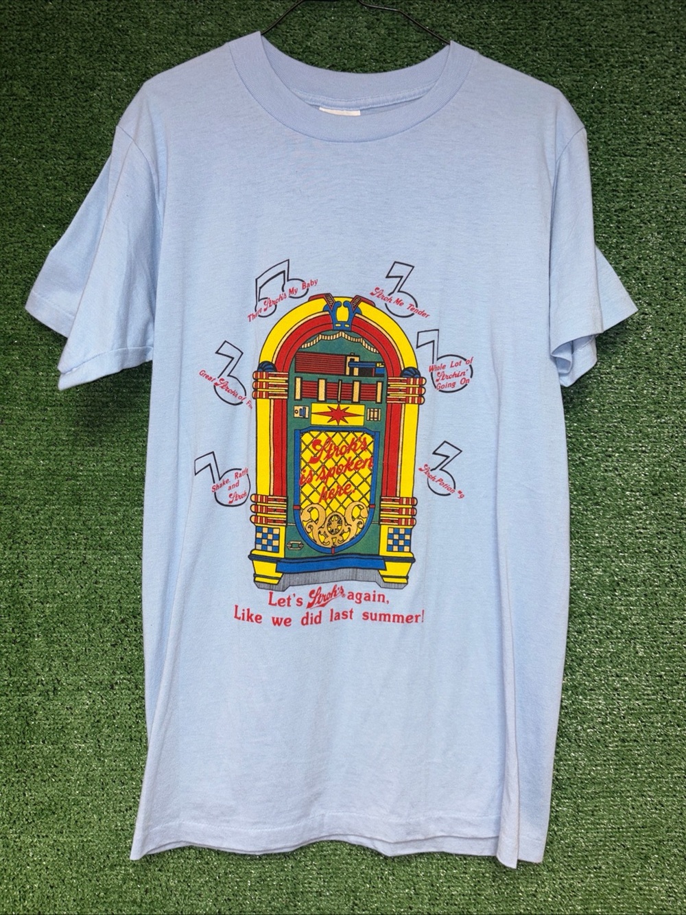 True Vintage RARE 80s Stroh's Beer Baby Blue Single Stitch Shirt L
